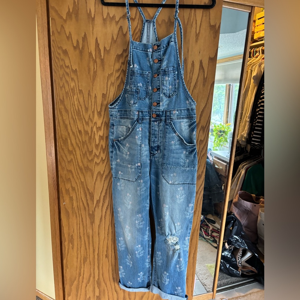 Pilcro Denim Overalls with Distressed Floral Details